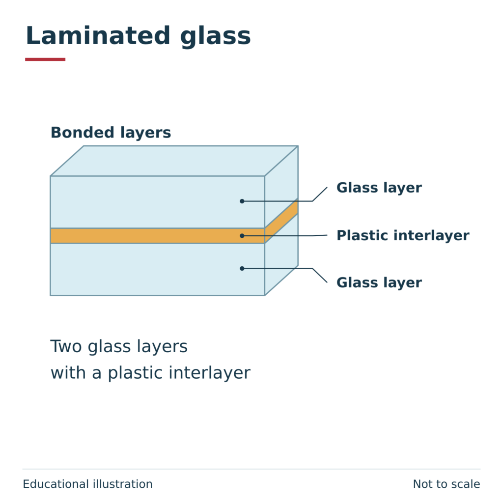 Educational cutaway of two glass layers bonded to a plastic interlayer.