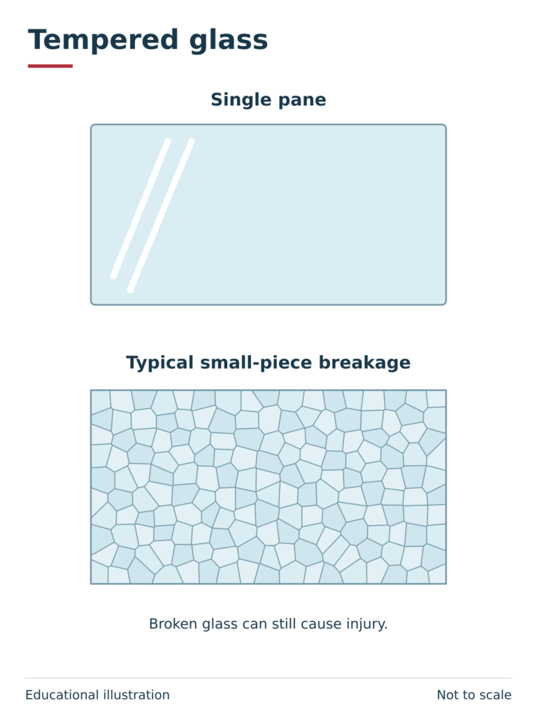 Educational illustration of a pane and typical small-piece tempered-glass breakage.