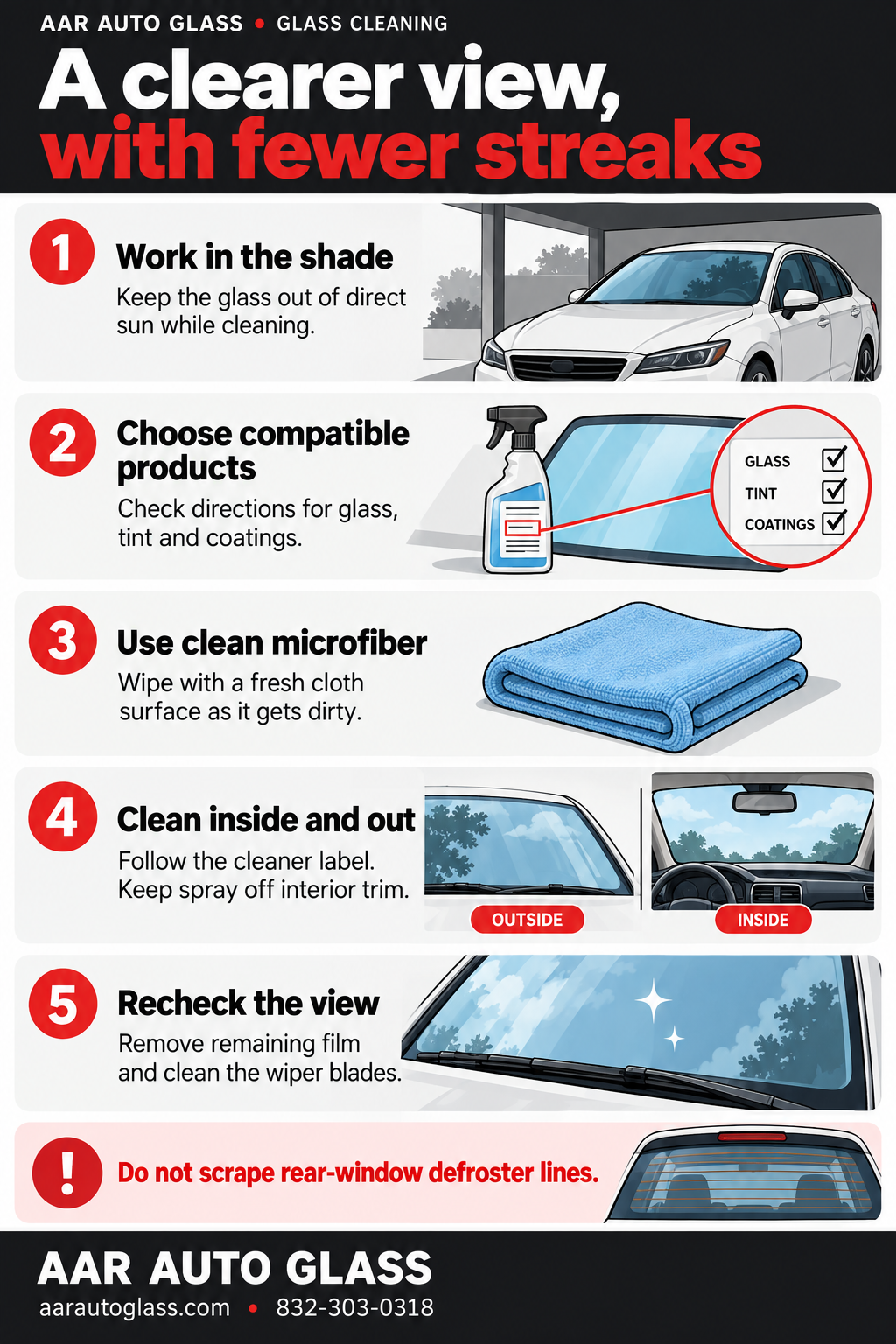 Five illustrated cleaning steps: shade, compatible cleaner, fresh microfiber, both glass surfaces and a final check.