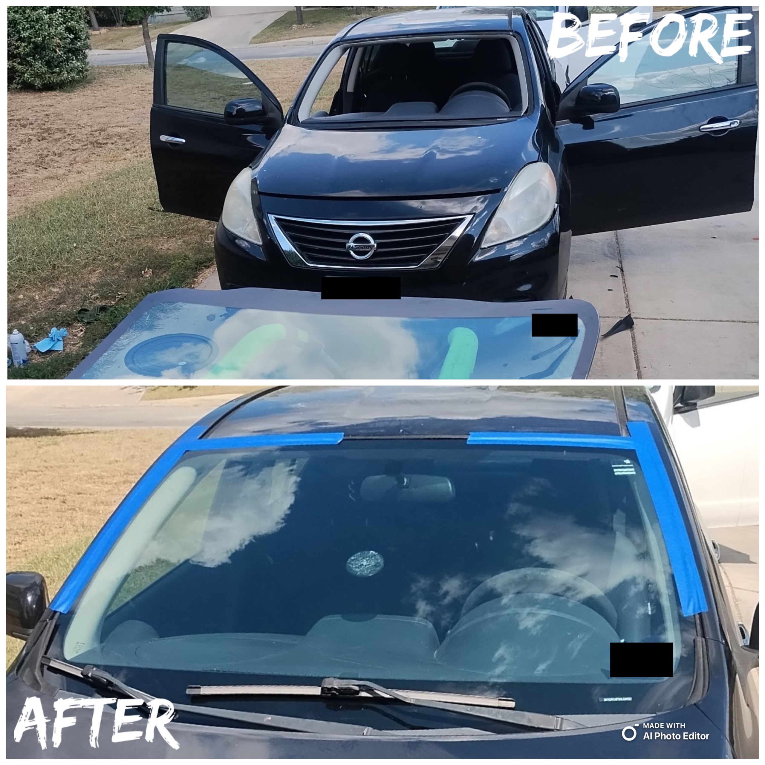 Before-and-after views of a black Nissan with its windshield removed and replacement glass installed; vehicle identifiers are obscured.