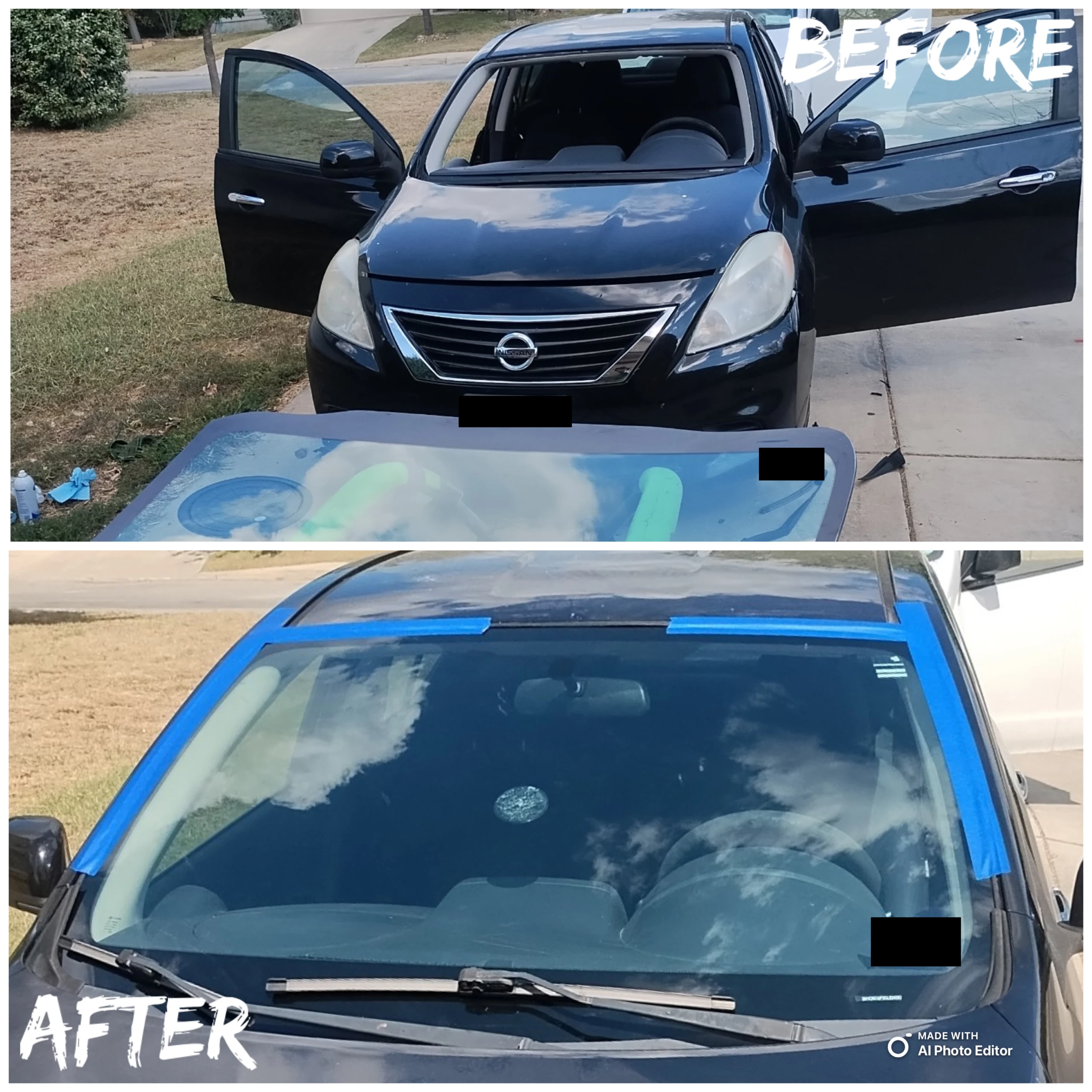 Before-and-after views of a black Nissan with its windshield removed and replacement glass installed; vehicle identifiers are obscured.