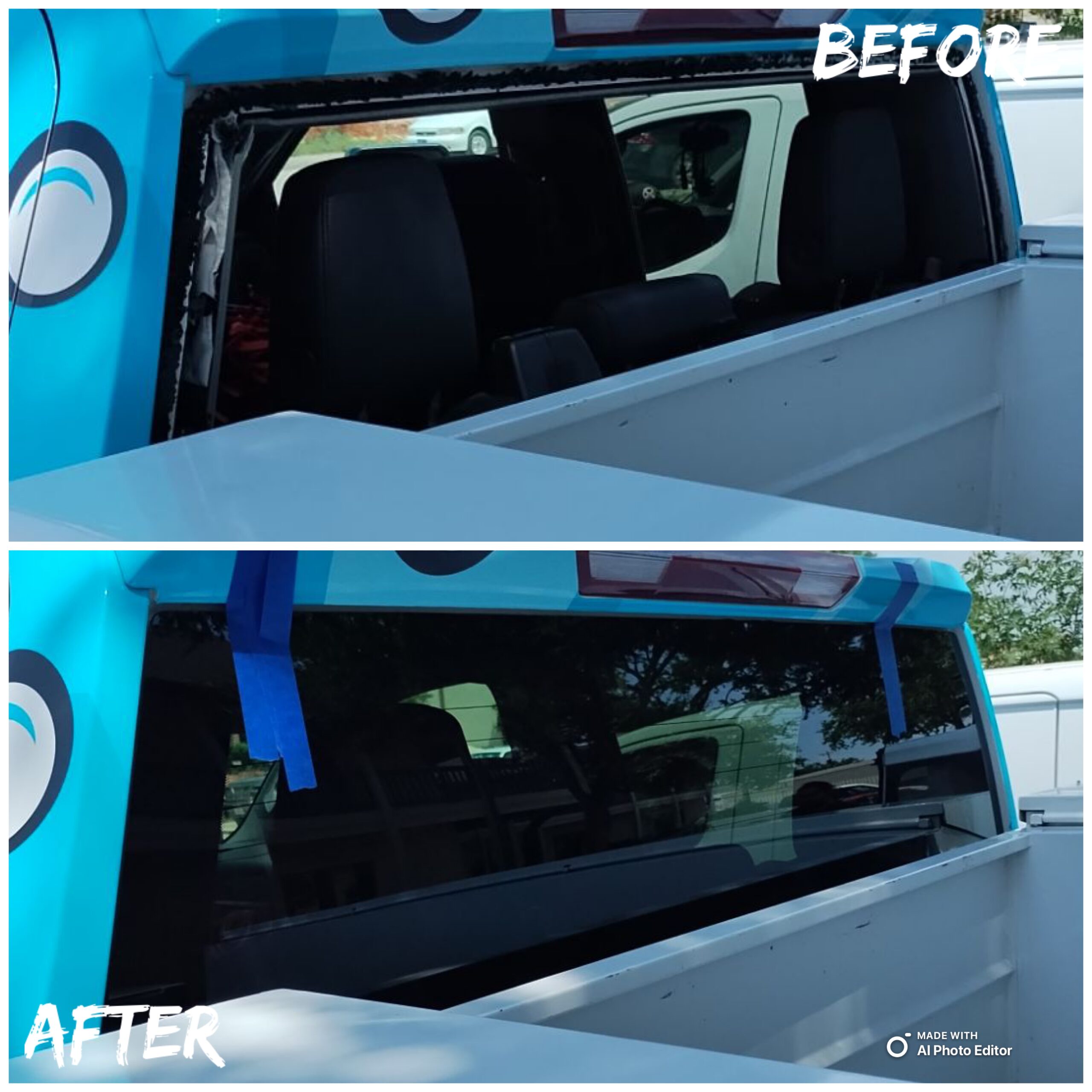 Before-and-after views of a blue pickup rear cab window opening and the replacement rear glass.