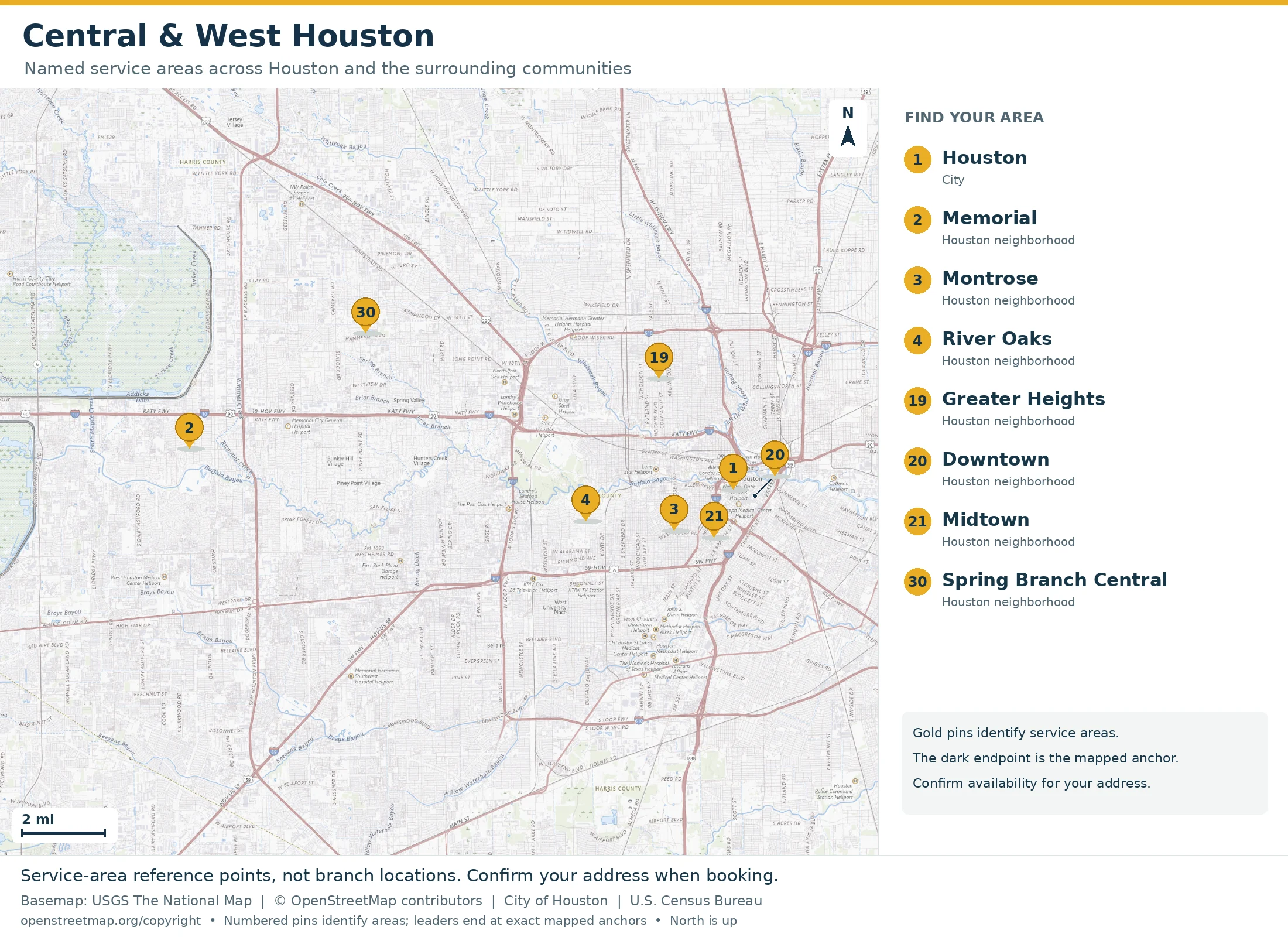 Map of Central & West Houston with 8 numbered service-area pins and matching labels: Houston, Memorial, Montrose, River Oaks, Greater Heights, Downtown, Midtown, Spring Branch Central. Pins are representative area anchors, not business branches.