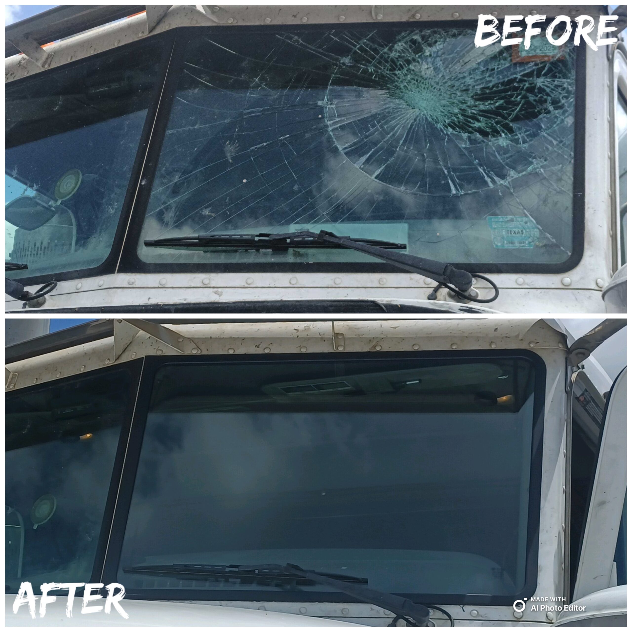 Before-and-after views of a heavily fractured split-windshield pane and its replacement on a commercial vehicle.