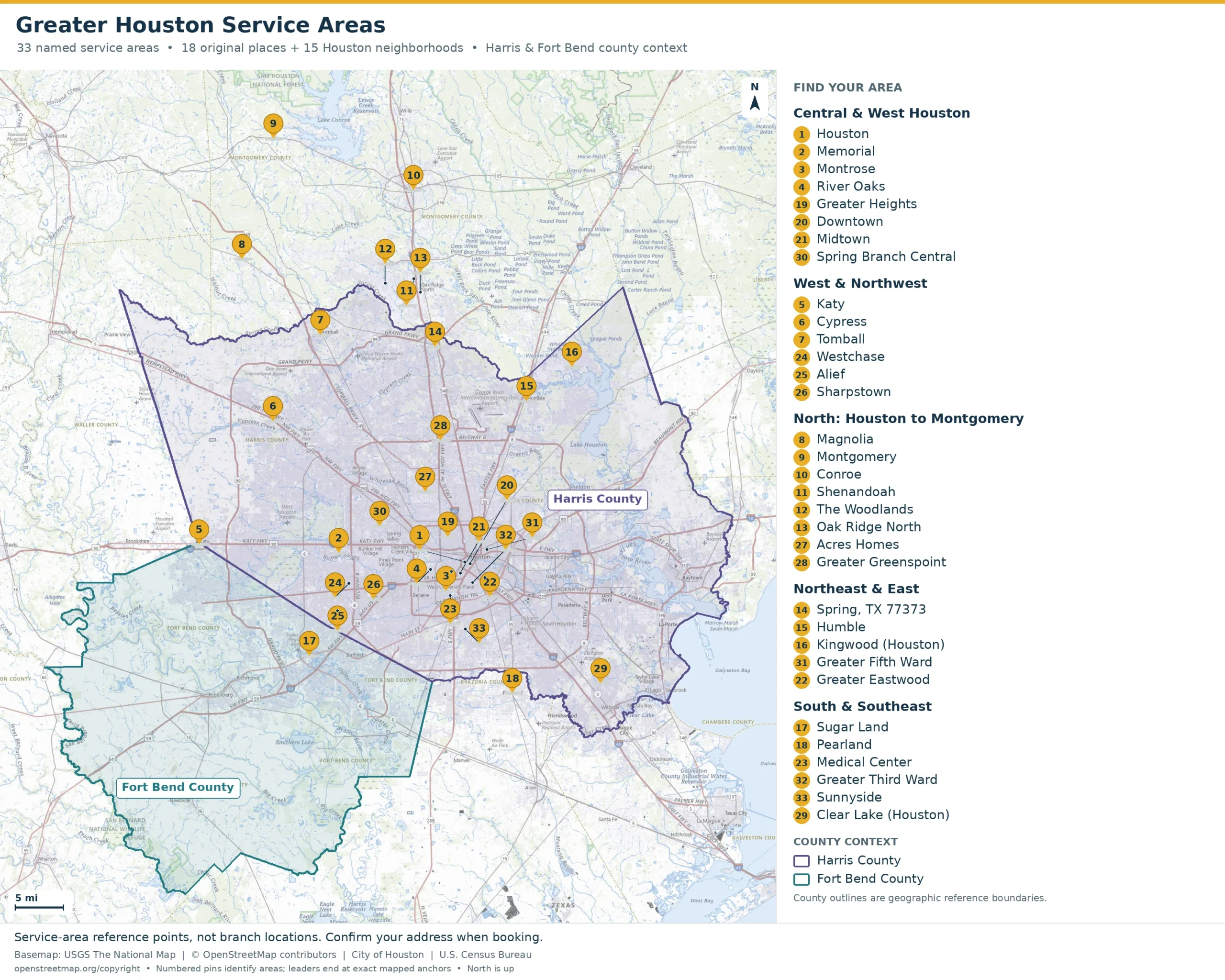 Greater Houston map with 33 numbered city, community and Houston-neighborhood service-area pins, keyed labels in five regions, and separate Harris County and Fort Bend County outlines. Pins represent service areas, not office locations.