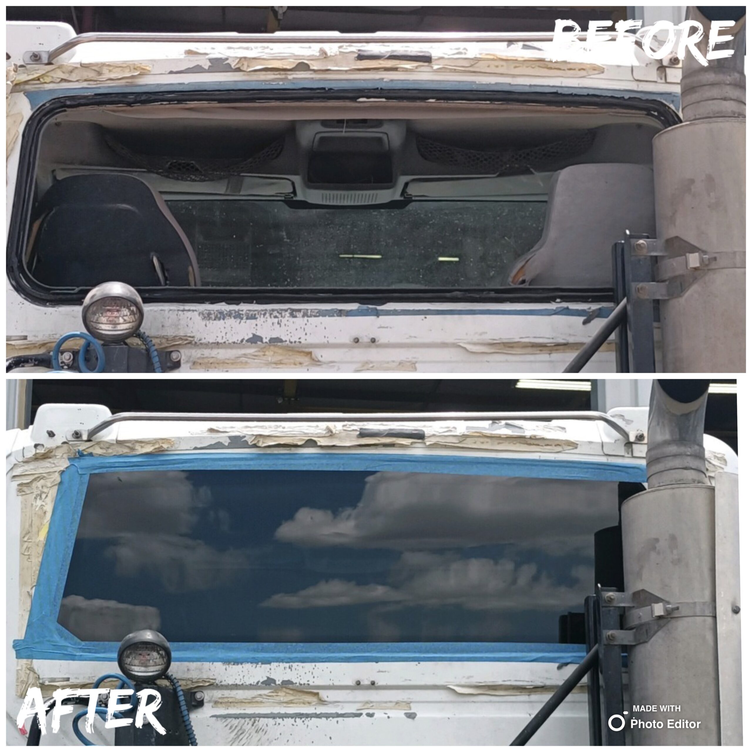 Before-and-after views of a heavy truck rear cab window, first with the glass removed and then with intact glass bordered by blue tape.