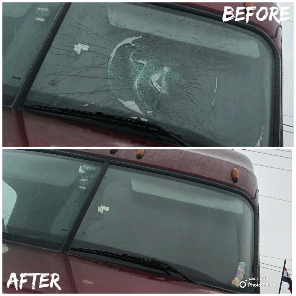 Before-and-after views of impact damage and a replacement pane in a red commercial vehicle split windshield.