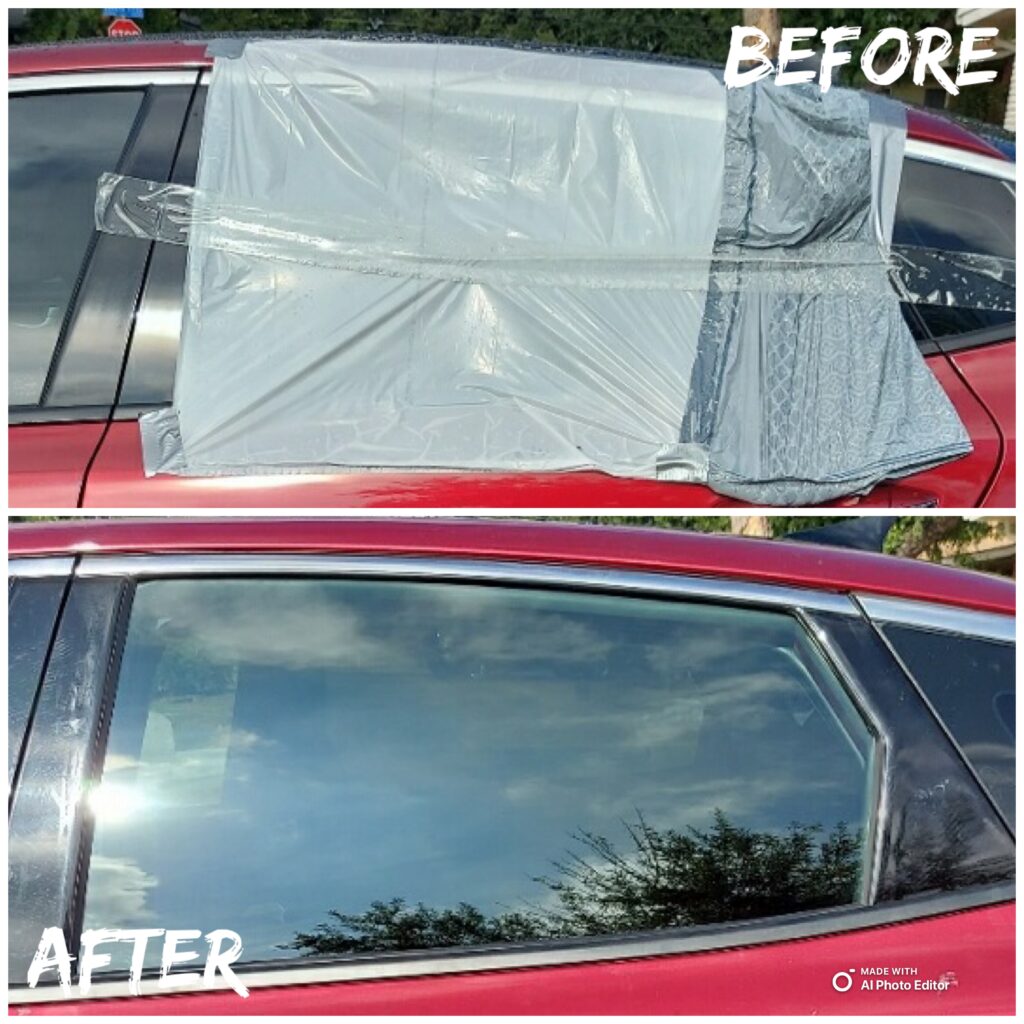 Before-and-after views of a red vehicle rear door window, first covered with taped plastic and then fitted with glass.