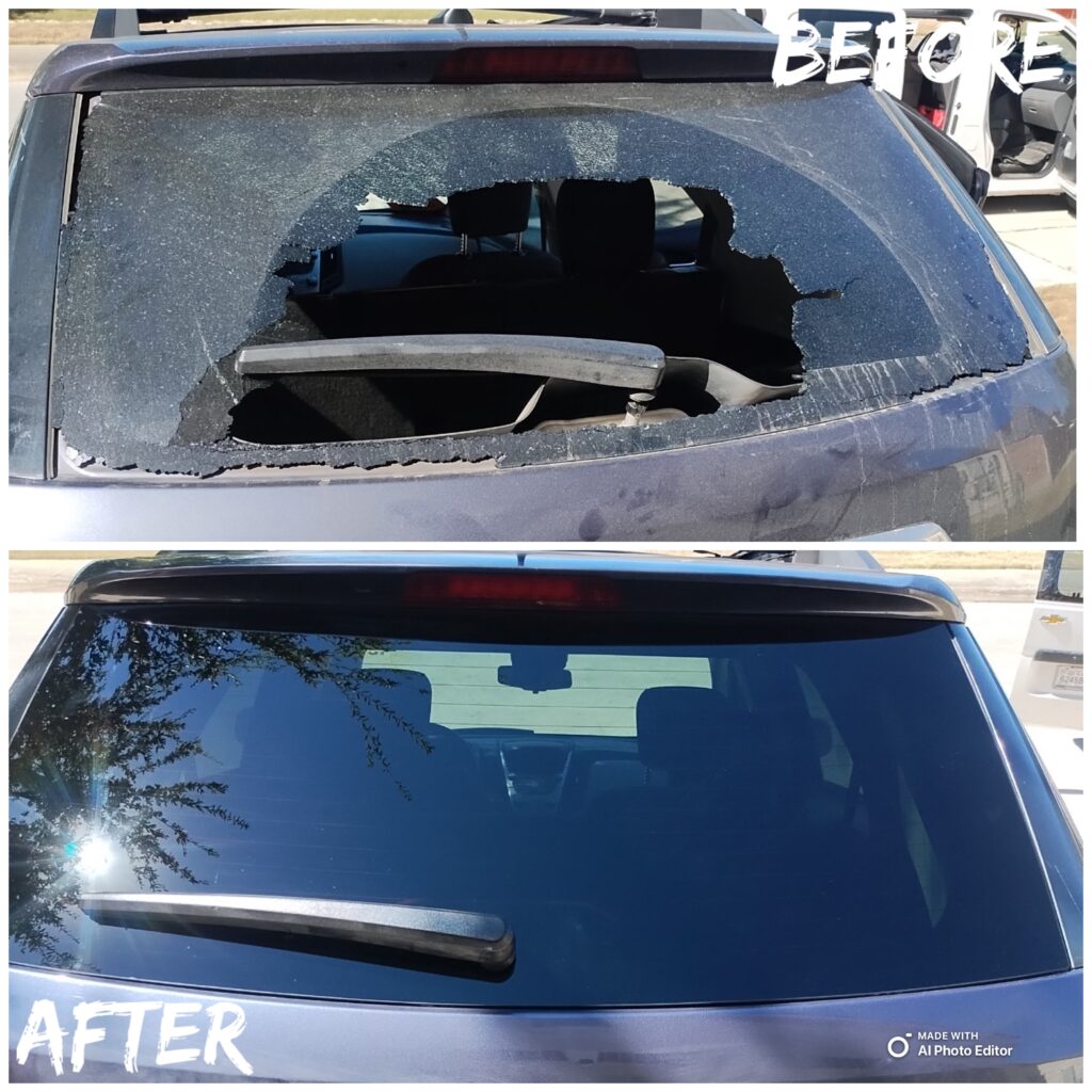 Before-and-after views of an SUV rear hatch window with broken glass and an installed replacement.