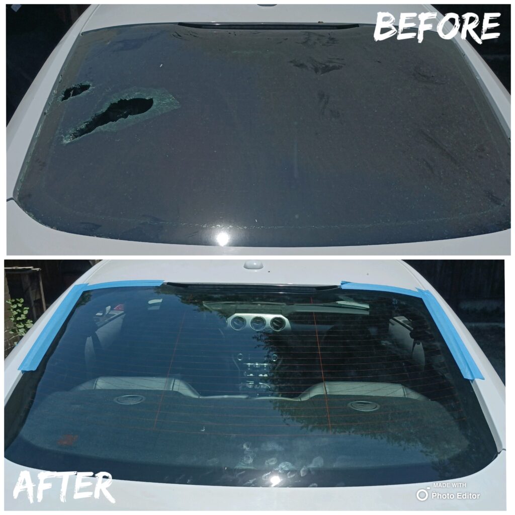 Before-and-after views of a sedan rear windshield, first shattered and then replaced with glass held by blue tape.