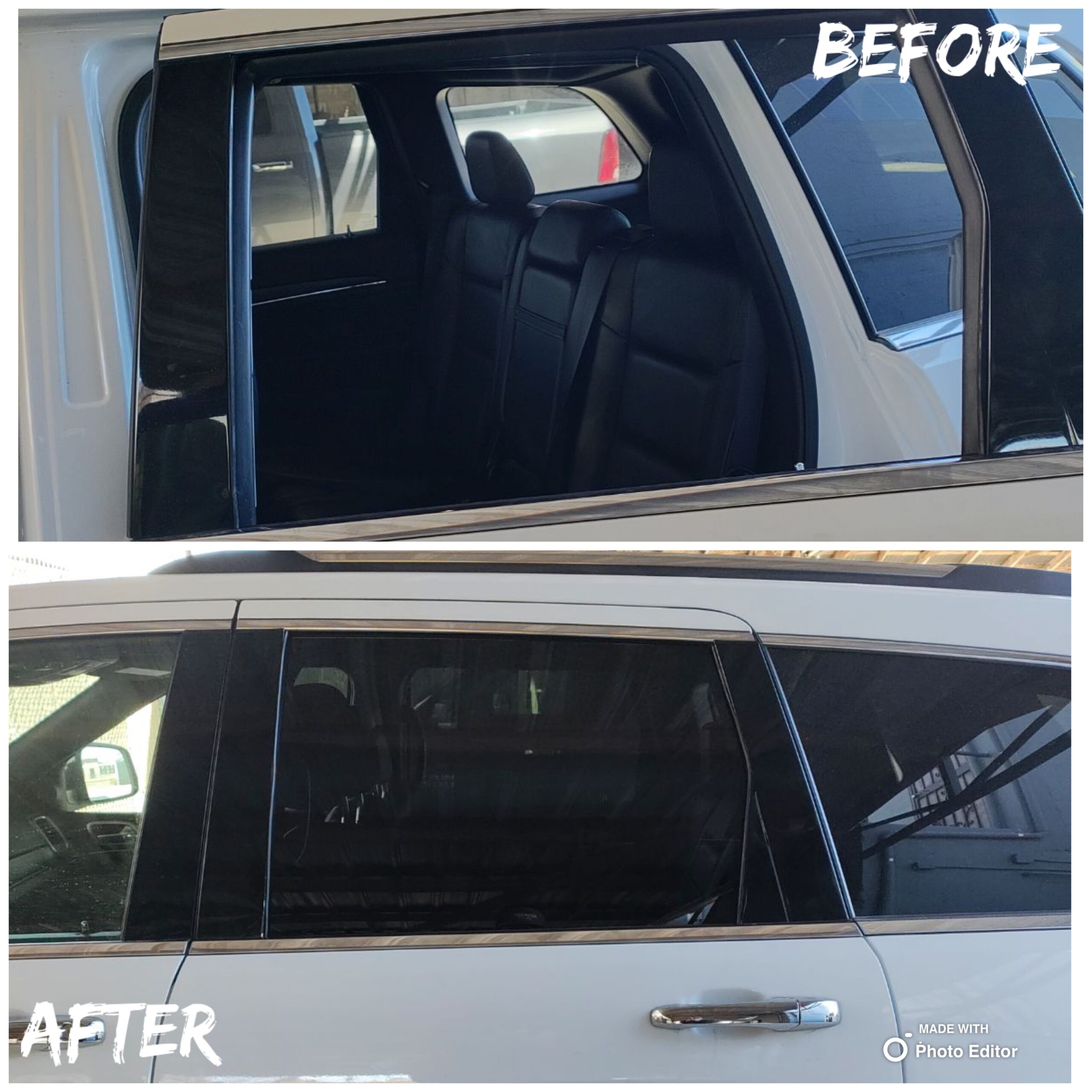 Before-and-after views of a white SUV rear door window opening and the installed tinted glass.